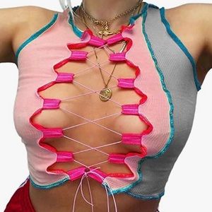 Gray pink contrast stitch tank lace up crop top